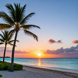 Caribbean Holidays, Turks Caicos September, A colourful sunset over the turquoise sea with palm trees and a quiet beach in Turks and Caicos