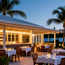 Caribbean Holidays, Turks Caicos September, Elegant open-air Caribbean restaurant in Providenciales, Turks and Caicos, serving a relaxed evening meal with palm trees and warm ambient lighting