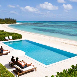 Caribbean Holidays, Turks Caicos September, Guests relaxing beside a stylish beachfront swimming pool overlooking Grace Bay in September