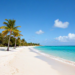 Caribbean Holidays, Turks Caicos September, Turquoise sea and white sand at Grace Bay Beach, Providenciales, Turks and Caicos, with a few palm trees and peaceful September sunshine