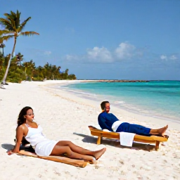 Caribbean Holidays, Turks Caicos Spa, A couple relaxing on a quiet white-sand beach after a spa treatment, with turquoise sea and palm trees in Providenciales