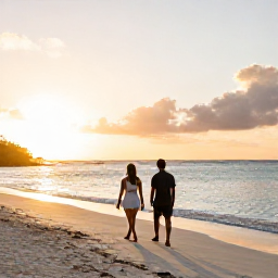 Caribbean Holidays, Turks Caicos Spa, Couple walking along the quiet white sands of Grace Bay at sunset in Turks and Caicos, relaxed holiday atmosphere