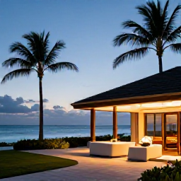 Caribbean Holidays, Turks Caicos Spa, Elegant beachfront resort in Turks and Caicos at dusk, palm trees, calm sea and warm April light