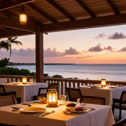 Caribbean Holidays, Turks Caicos Spa, Elegant beachfront restaurant at sunset in Providenciales, Turks and Caicos, serving fresh Caribbean seafood with warm lantern lighting