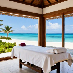 Caribbean Holidays, Turks Caicos Spa, Elegant beachfront spa treatment room with natural wood, white linens and views of the turquoise Caribbean Sea in Turks and Caicos