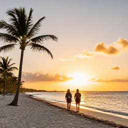 Caribbean Holidays, Turks Caicos Spa, Golden sunset over Grace Bay Beach with palm trees and a couple walking along the shoreline in Turks and Caicos
