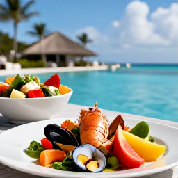 Caribbean Holidays, Turks Caicos Spa, Healthy Caribbean lunch with fresh seafood, colourful salad and tropical fruit beside a resort pool in Turks and Caicos