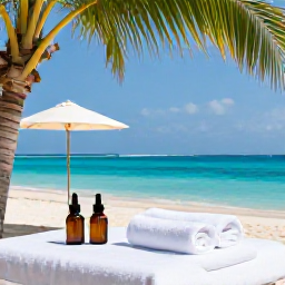 Caribbean Holidays, Turks Caicos Spa, Open-air Caribbean spa treatment beside a palm-fringed beach, natural oils, white towels and calm turquoise water