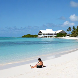 Caribbean Holidays, Turks Caicos Spa, Person relaxing on a white sandy beach near a luxury resort in Providenciales, Turks and Caicos, with calm blue water