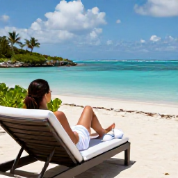 Caribbean Holidays, Turks Caicos Spa, Traveller relaxing on a sun lounger beside a calm turquoise lagoon at Grace Bay, Turks and Caicos, with a spa towel and tropical greenery