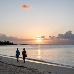 Caribbean Holidays, Turks Caicos Spas, A calm sunset over Grace Bay beach in Turks and Caicos, with a couple walking beside the water