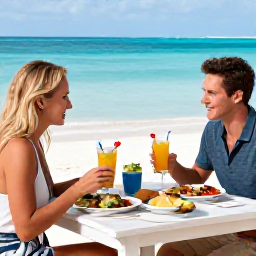 Caribbean Holidays, Turks Caicos Spas, A couple enjoying a healthy Caribbean lunch and fresh tropical juice at a relaxed beachfront restaurant in Providenciales
