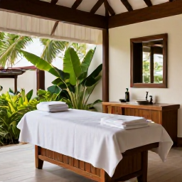 Caribbean Holidays, Turks Caicos Spas, A peaceful spa treatment room with natural wood, soft towels and tropical greenery in Turks and Caicos