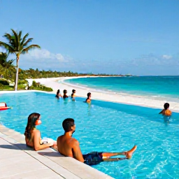 Caribbean Holidays, Turks Caicos Spas, Visitors relaxing beside an infinity pool overlooking Grace Bay beach during a sunny July afternoon