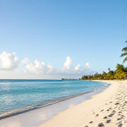 Caribbean Holidays, Turks Caicos Tours, A bright April morning on Grace Bay Beach in Providenciales, Turks and Caicos, with calm turquoise water, white sand and a few palm trees