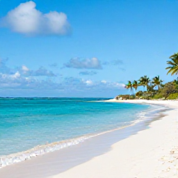 Caribbean Holidays, Turks Caicos Tours, A bright July morning on Grace Bay Beach in Providenciales, Turks and Caicos, with clear turquoise water, soft white sand and a few palm trees