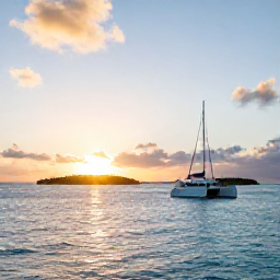 Caribbean Holidays, Turks Caicos Tours, A catamaran sailing at sunset past small uninhabited islands with calm turquoise sea and golden light in Turks and Caicos