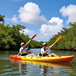 Caribbean Holidays, Turks Caicos Tours, A couple enjoying a relaxed guided kayak trip through calm mangroves under a bright Caribbean sky in Turks and Caicos
