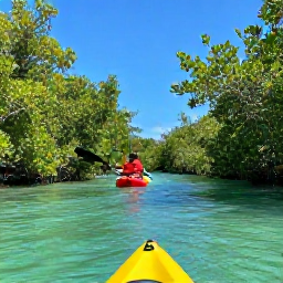 Caribbean Holidays, Turks Caicos Tours, A guided kayak tour moving through peaceful mangroves under a clear blue sky in Turks and Caicos