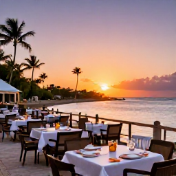 Caribbean Holidays, Turks Caicos Tours, A lively but relaxed evening at a waterfront restaurant in Grace Bay, with outdoor tables, local seafood and a colourful Caribbean sunset