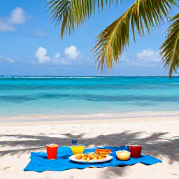 Caribbean Holidays, Turks Caicos Tours, A relaxed beach picnic beside calm turquoise water with palm trees and colourful local food