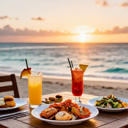 Caribbean Holidays, Turks Caicos Tours, A relaxed evening at a beachfront restaurant in Providenciales, with fresh seafood, tropical drinks and warm sunset light over the Caribbean Sea