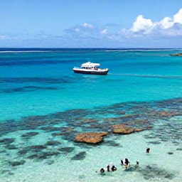 Caribbean Holidays, Turks Caicos Tours, A small boat cruising over crystal-clear Caribbean water with snorkellers near a coral reef