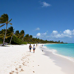 Caribbean Holidays, Turks Caicos Tours, Visitors walking along a quiet white sand beach on Grace Bay, Turks and Caicos, with palm trees and clear blue sea