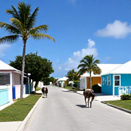 Caribbean Holidays, Turks Caicos Tours, Wild donkeys walking through a quiet village street on Grand Turk with colourful Caribbean buildings and palm trees