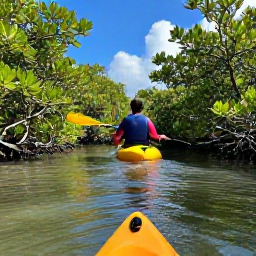 Caribbean Holidays, Turks Caicos Tours, Wild Turks and Caicos coastline in April, with a guided kayak moving through calm mangrove channels and sunlight reflecting on the water