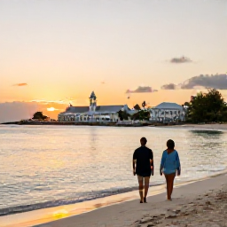 Caribbean Holidays, Turks Caicos Walking, A couple walking beside the calm shoreline at sunset on Salt Cay, Turks and Caicos, with historic buildings in the background
