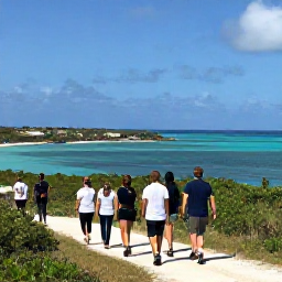 Caribbean Holidays, Turks Caicos Walking, A friendly guided walking group stopping at a scenic viewpoint overlooking the sea in Turks and Caicos