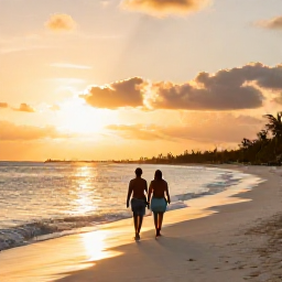 Caribbean Holidays, Turks Caicos Walking, A golden sunset over a quiet Turks and Caicos beach with a couple walking along the shoreline