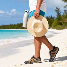 Caribbean Holidays, Turks Caicos Walking, A traveller preparing for a coastal walk in Turks and Caicos with water bottle, sun hat and comfortable walking shoes beside a tropical beach