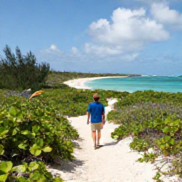 Caribbean Holidays, Turks Caicos Walking, A walker following a sandy trail through coastal vegetation towards a secluded beach on Providenciales, Turks and Caicos