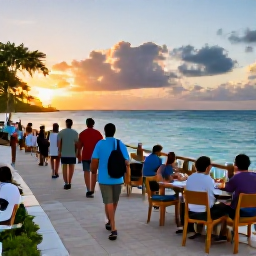 Caribbean Holidays, Turks Caicos Walking, Friendly travellers relaxing at a waterside caf&eacute; after a walk, with local Caribbean food and a sunset over the Turks and Caicos sea