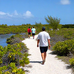 Caribbean Holidays, Turks Caicos Walking, Walkers exploring a natural trail through low Caribbean scrub and wetlands in Chalk Sound National Park, Turks and Caicos