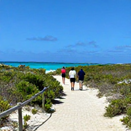 Caribbean Holidays, Turks Caicos Walking, Walkers exploring a quiet coastal path through low scrub with views across the Caribbean Sea in Turks and Caicos