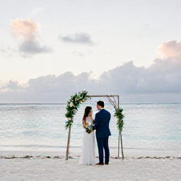 Caribbean Holidays, Turks Caicos Weddings, Bride and groom standing barefoot on a quiet white sand beach at sunset in Turks and Caicos, with calm turquoise water and a simple floral wedding arch