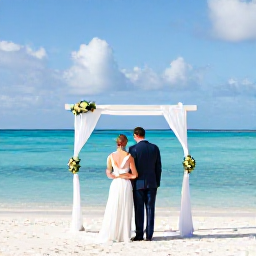 Caribbean Holidays, Turks Caicos Weddings, Bride and groom standing barefoot on a white sand beach in Providenciales, Turks and Caicos, with turquoise sea and a simple wedding arch