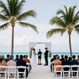 Caribbean Holidays, Turks Caicos Weddings, Elegant small wedding ceremony on a tropical beach in Providenciales, Turks and Caicos, with guests seated beneath palm trees
