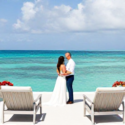 Caribbean Holidays, Turks Caicos Weddings, Newlywed couple enjoying a quiet luxury resort terrace overlooking the turquoise sea in Turks and Caicos