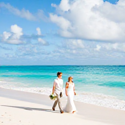 Caribbean Holidays, Turks Caicos Weddings, Newlywed couple walking along Grace Bay Beach in Turks and Caicos after their wedding, with gentle waves and a bright tropical sky