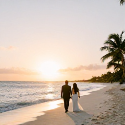 Caribbean Holidays, Turks Caicos Weddings, Romantic sunset on Grace Bay Beach in Turks and Caicos with newlyweds walking along the shoreline