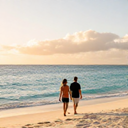 Caribbean Holidays, Turks Caicos Wellness, Couple walking along a deserted beach in Turks and Caicos during a warm January evening, turquoise sea and soft golden sunset