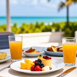 Caribbean Holidays, Turks Caicos Wellness, Healthy Caribbean breakfast with fresh fruit and juice at an outdoor restaurant in Turks and Caicos