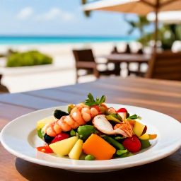 Caribbean Holidays, Turks Caicos Wellness, Healthy Caribbean meal with fresh seafood, tropical fruit and vegetables at an open-air restaurant in Turks and Caicos