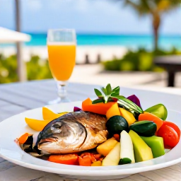 Caribbean Holidays, Turks Caicos Wellness, Healthy colourful Caribbean lunch with fresh fish, tropical fruit and vegetables at an open-air restaurant in Turks and Caicos