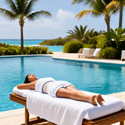 Caribbean Holidays, Turks Caicos Wellness, Outdoor spa treatment beside a tropical pool in Turks and Caicos, palms, natural textures and bright Caribbean sunshine