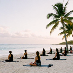Caribbean Holidays, Turks Caicos Wellness, Outdoor yoga class on a quiet Turks and Caicos beach, people on mats facing the sea, soft morning light and palm trees